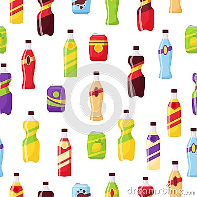 Snack fast food and drinks products seamless pattern. Beverage bottles, soda and juice. Food store elements pattern Vector Illustration