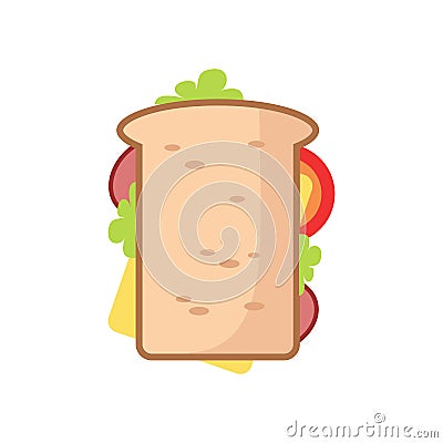 Snack food tasty sandwich with toasy bread, slices tomato, cheese, bacon, lettuce isolated on white background. Vector Illustration
