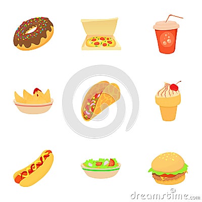 Snack icons set, cartoon style Vector Illustration
