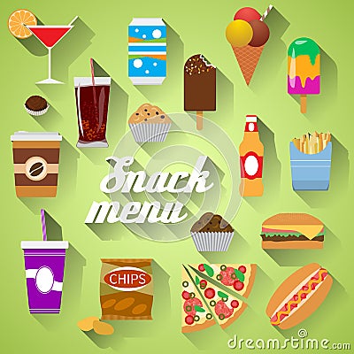 Snack Menu Flat design modern vector illustration of food, drink, coffee, hamburger, pizza, beer, cocktail, fastfood, cola, ice cr Vector Illustration