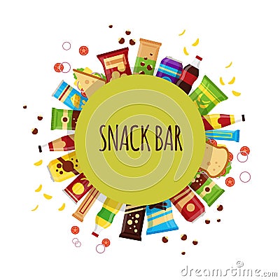 Snack product with circle. Fast food snacks, drinks, nuts, chips, cracker, juice, sandwich for snack bar isolated on Vector Illustration