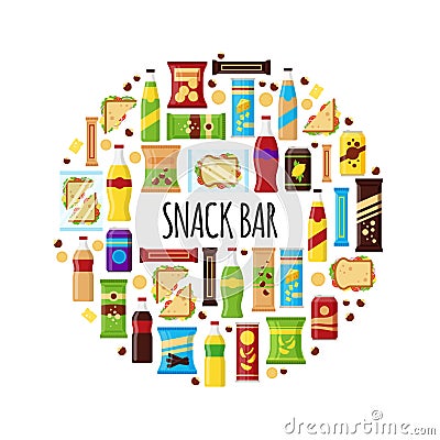 Snack product in circle. Fast food snacks, drinks, nuts, chips, cracker, juice, sandwich for snack bar isolated on white Vector Illustration