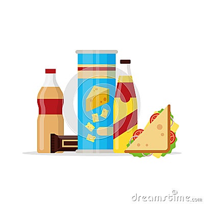 Snack product set, fast food snacks, drinks, chips, juice, sandwich, chocolate isolated on white background. Flat Vector Illustration