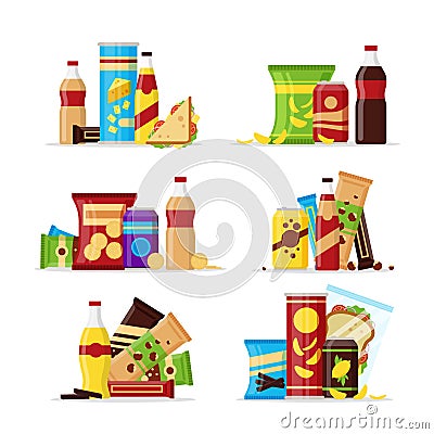 Snack product set, fast food snacks, drinks, nuts, chips, cracker, juice, sandwich isolated on white background. Flat Vector Illustration