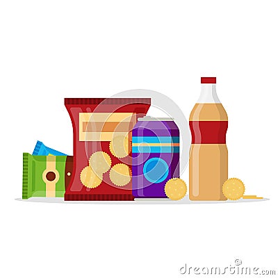Snack product set, fast food snacks, drinks, nuts, cracker, juice isolated on white background. Flat illustration in Vector Illustration