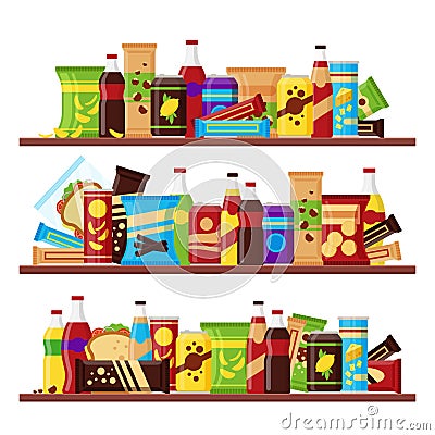 Snack product set on the shelves, colorful fast food snacks drinks nuts chips cracker juice sandwich chocolate isolated Vector Illustration