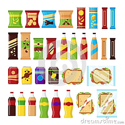 Snack product set for vending machine. Fast food snacks, drinks, nuts, chips, cracker, juice, sandwich for vendor Vector Illustration