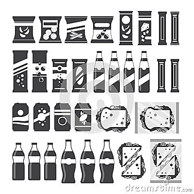 Snack product set for vending machine in monochrome color. Fast food snacks drinks nuts chips cracker juice sandwich for Vector Illustration