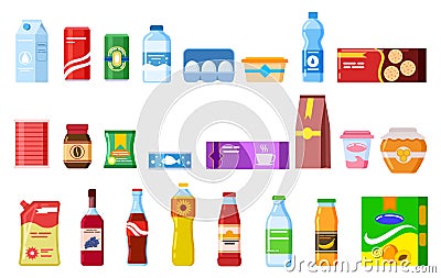 Snack products. Biscuit water juice biscuits cola ketchup yogurt coffee soup. Packed cooking product flat vector Vector Illustration