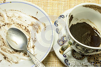 After a snack. A saucer with traces of cake, a cup with coffee grounds Stock Photo