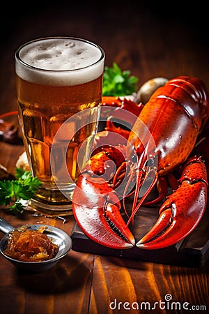 seafood crab background food crayfish animal glass crawfish snack red beer. Generative AI. Stock Photo