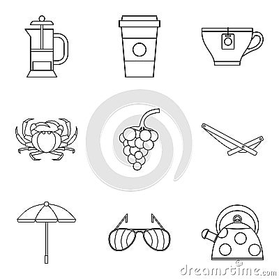 Snack to alcohol icons set, outline style Vector Illustration