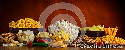 Snacks, Chips and Popcorn Stock Photo