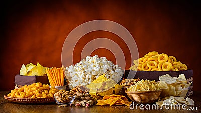 Snacks, Nuts and Popcorn Stock Photo