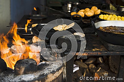 Snacks and sweets being cooked at a store, Pushkar, Stock Photo