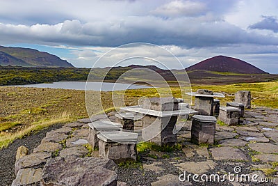 Snaefellsne Peninsula, Iceland: Artistic tables and seats made of metal and rock Stock Photo
