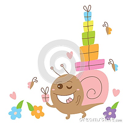 Snail crazy monster send gift card Vector Illustration