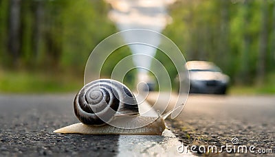 Snail crossing a road with cars driving Stock Photo