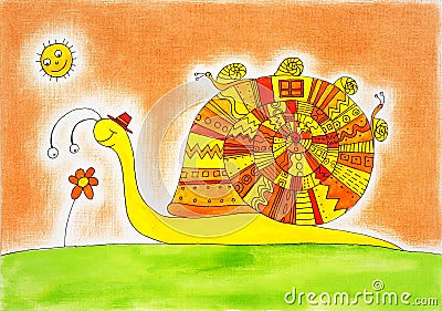 Snail family, childs drawing, watercolor painting Stock Photo