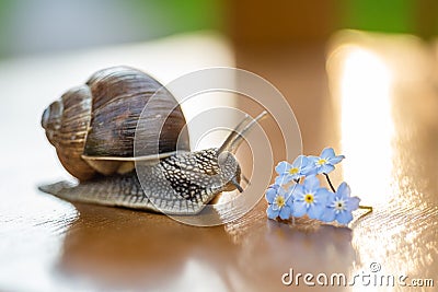 Snail gliding to forget-me-not flower Stock Photo