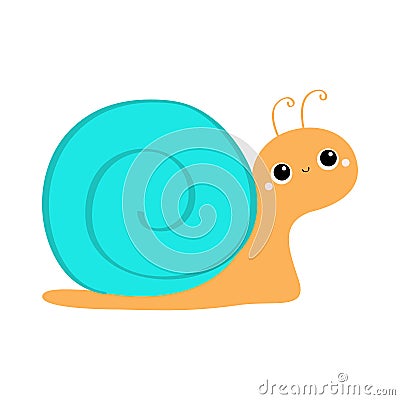 Snail icon. Cute cartoon kawaii funny kids baby character. Insect isolated. Blue color shell house. Big eyes. Smiling face. Flat Vector Illustration