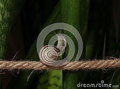 Snail moving up on green leaf background. Alternative choice concept. Rice metaphor Stock Photo