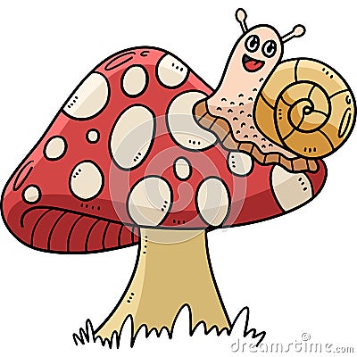 Snail on Mushroom Cartoon Colored Clipart Vector Illustration