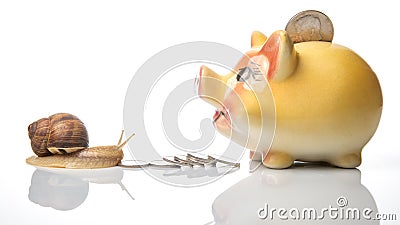 Snail and piggy bank for coins on a white background. The concept of slow accumulation of money deposit. Financial literacy and Stock Photo