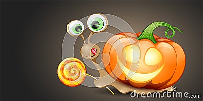 Snail with pumpkin and lollipop Vector Illustration