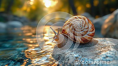 A snail with a shiny shell rests on a smooth rock at the edge of a calm pond Stock Photo