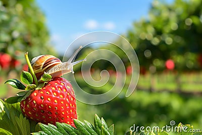 snail on a strawberry with softfocus fruit orchard in the background Stock Photo