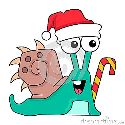 A snail wearing a christmas outfit carrying a candy cane, doodle icon image kawaii Vector Illustration