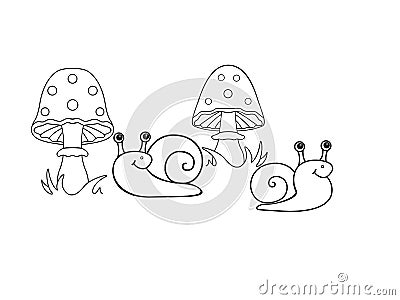 Snails and fly agarics. Funny snails under mushrooms. Vector Illustration