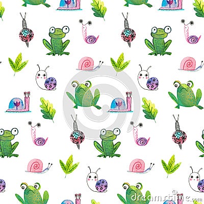 Snails and frogs, seamless pattern. Destky style. Stock Photo