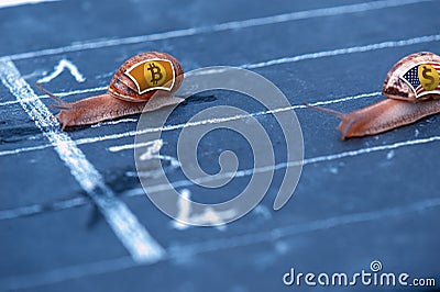 Snails race currency metaphor about Bitcoin against US Dollar Stock Photo
