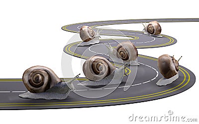 Snails traveling a road slowly Cartoon Illustration