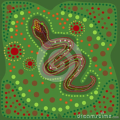 Snake in australian aboriginal style. Australia indigenous art green background with snake and dots. Vector Illustration