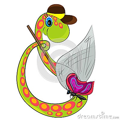 Snake cathing butterfly. funny reptile Vector Illustration