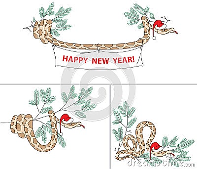 Snake with christmas hat and spruce Vector Illustration