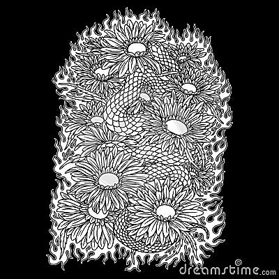 Snake and chrysanthemum flower Black and White illustration Vector Illustration