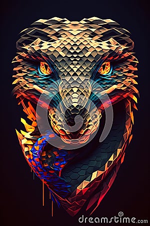 Snake, cobra, Bright neon portrait, polygon style, Geometric style, cartoon style, neon style. Generative AI Stock Photo