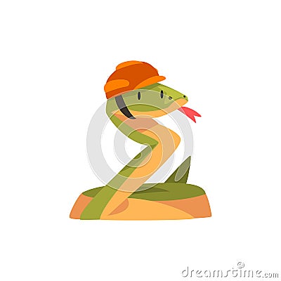 Snake Construction Worker Wearing Hard Hat, Cute Humanized Animal Cartoon Character Vector Illustration Vector Illustration