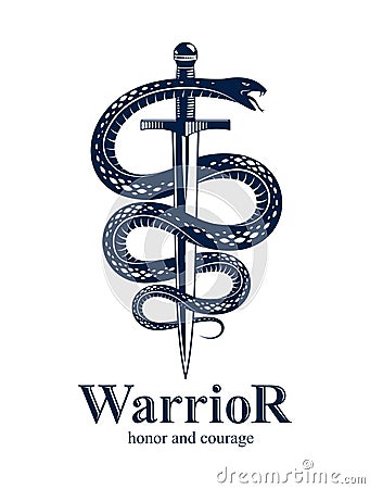 Snake and Dagger, Serpent wraps around a sword vector vintage tattoo, Life is a Fight concept, allegorical logo or emblem of Vector Illustration