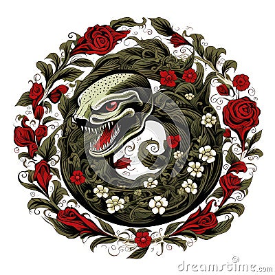 Snake in decorative art style in floral circle Stock Photo