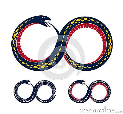 Snake eating its own tale, Uroboros Snake in a shape of infinity symbol, endless cycle of life and death, Ouroboros ancient symbol Vector Illustration