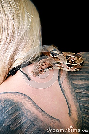 Snake on female shoulder and back, part woman body. Boa constrictor snake crawling per womanâ€™s back, shoulder, tattoo. Stock Photo