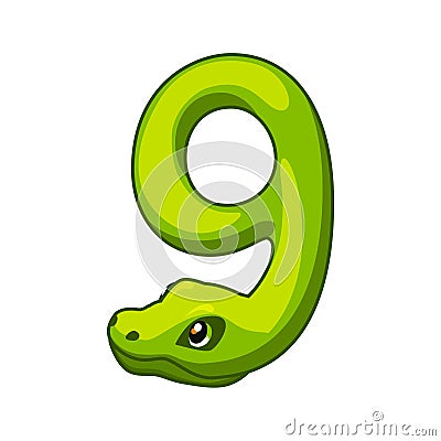 Snake font. Digit 9. Cartoon Nine number Vector Illustration