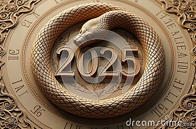 A snake forms a circular shape, symbolizing the eternal cycle of time, as it coils around the symbol of the year 2025. Stock Photo