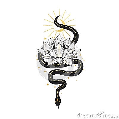 Snake with lotus. Vector hand drawn illustration on white background Vector Illustration