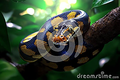 Snake Python, Coiling, and Forest visualized in a lush forest where a massive python coils around a tree branch, its scales Stock Photo